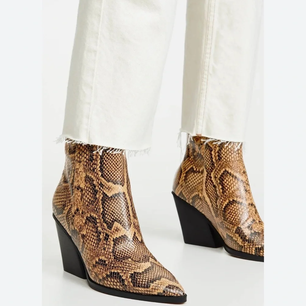 Dolce Vita Snakeskin Print Pointed Toe Ankle Boots in Tan & Black